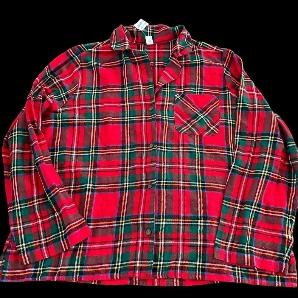 NWT Old Navy Women XL Red Plaid Flannel Button Up Pajama Shirt Christmas Holiday